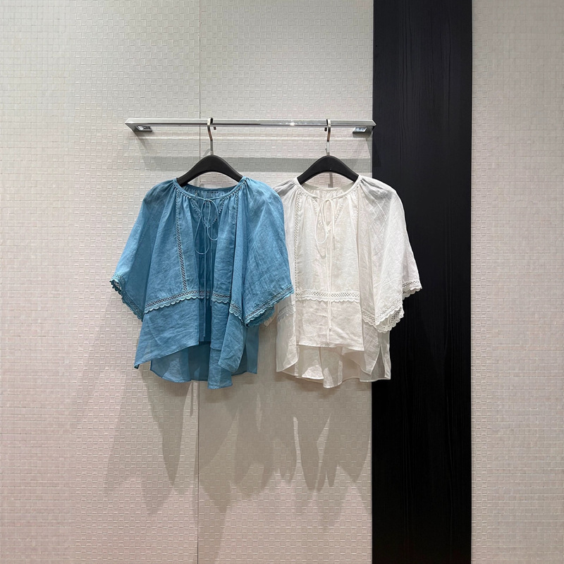 2026 Summer Vacation Style Fresh Sky Blue Round Neck Lace-Up Lace Patchwork Loose Linen Shirt for Women 2026 Summer Vacation Style Fresh Sky Blue Round Neck Lace-Up Lace Patchwork Loose Linen Shirt for Women