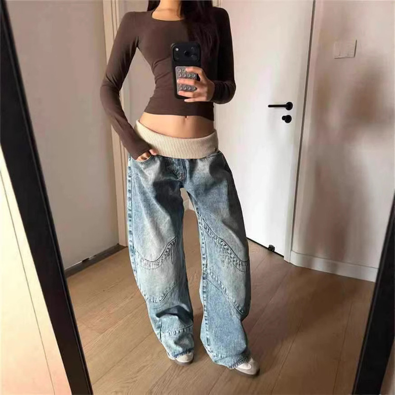 American Retro Style Ribbed Waistband Straight-Leg Jeans for Women, Spring and Autumn High Street Design, Loose Fit, Slimming Wide-Leg Pants American Retro Style Ribbed Waistband Straight-Leg Jeans for Women, Spring and Autumn High Street Design, Loose Fit, Slimming Wide-Leg Pants