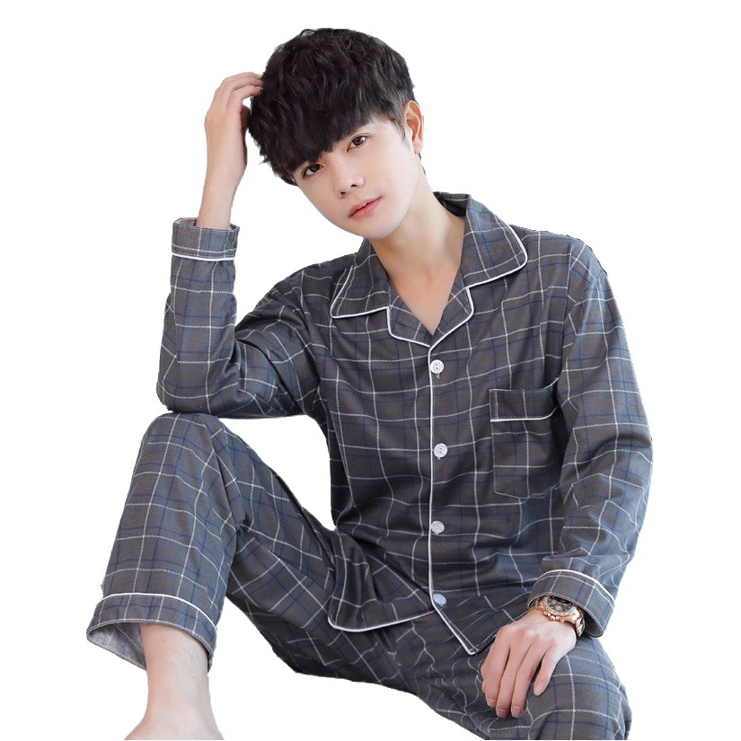 Pijamas de primavera y otoño de los hombres de manga larga de dos piezas de algodón-como el padre joven y de mediana edad más el tamaño de los hombres ropa de casa suelta se puede usar fuera