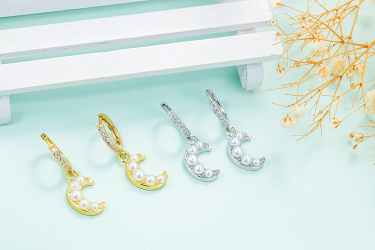 4g Weight Zircon Inlay Material Earrings Classification Housewarming, Anniversary, Business, Wedding, Travel, Birthday, Festival Occasion Korean Moon Pearl Crescent Micro-inlaid Zircon Earrings Wholesale