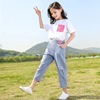 Summer clothing, children's set, cotton short sleeve T-shirt, jeans, family style, children's clothing, suitable for teen, with short sleeve