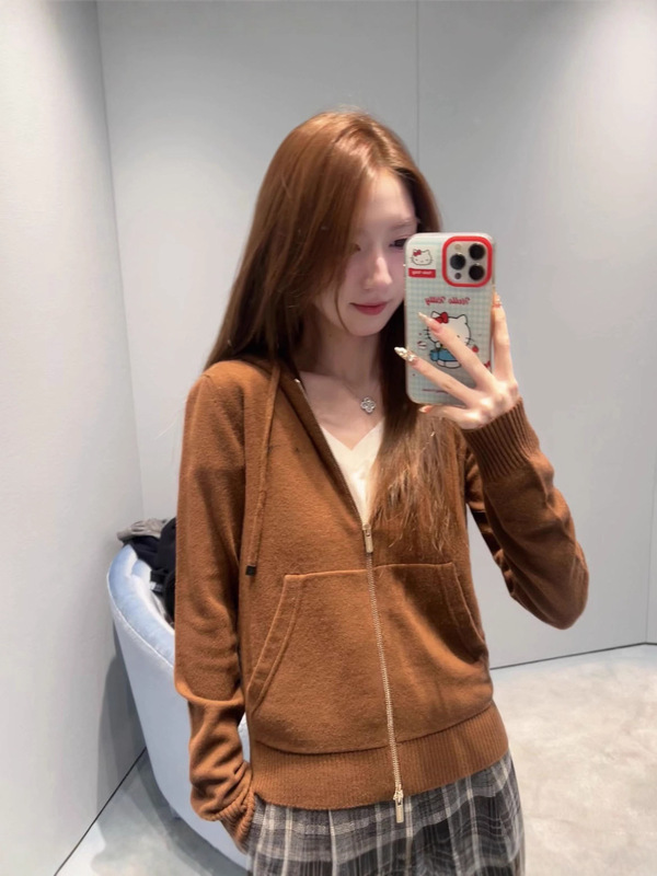 新款复古连帽毛衣开衫女春秋格子修身针织外套慵懒风短款针织上衣|undefined