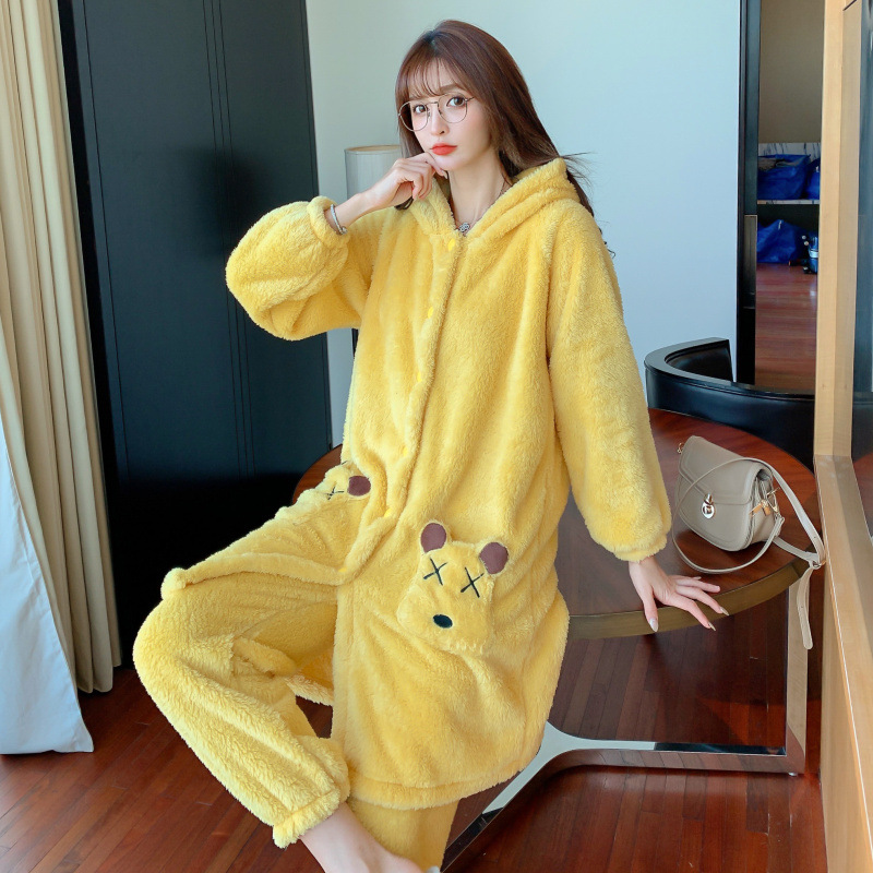 Popular en línea pijamas de celebridades de otoño e invierno de las mujeres de felpa engrosada de lana forrada de mediados de longitud camisón de franela ropa de abrigo ropa de casa