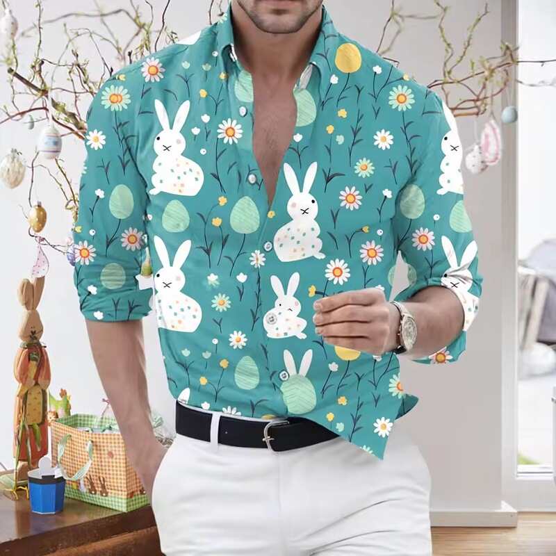 temu y22025 Easter men's shirt, fashionable casual 3D rabbit print men's long-sleeve turn-down collar shirt