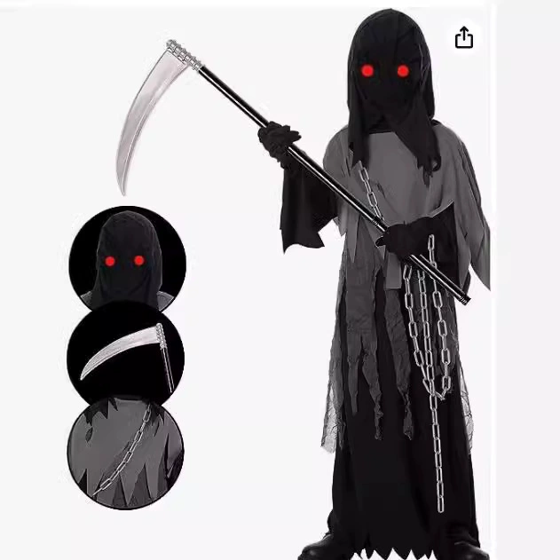 Детский таинственный ужас Смерть одеваются Хэллоуин играет костюм круто волосы красные глаза