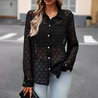 European And American Transparent Jacquard Shirt For Women - Black - View 1