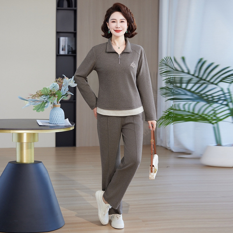 妈妈时尚薄长袖衣中年女装秋装新动服中老年春秋休闲套装两件套|undefined