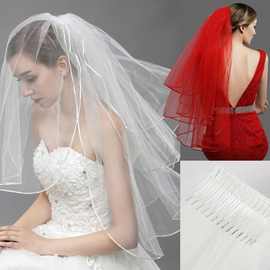 中式婚礼红色三层卷边新娘头纱复古简约盖头遮面纱秀禾服婚纱配饰