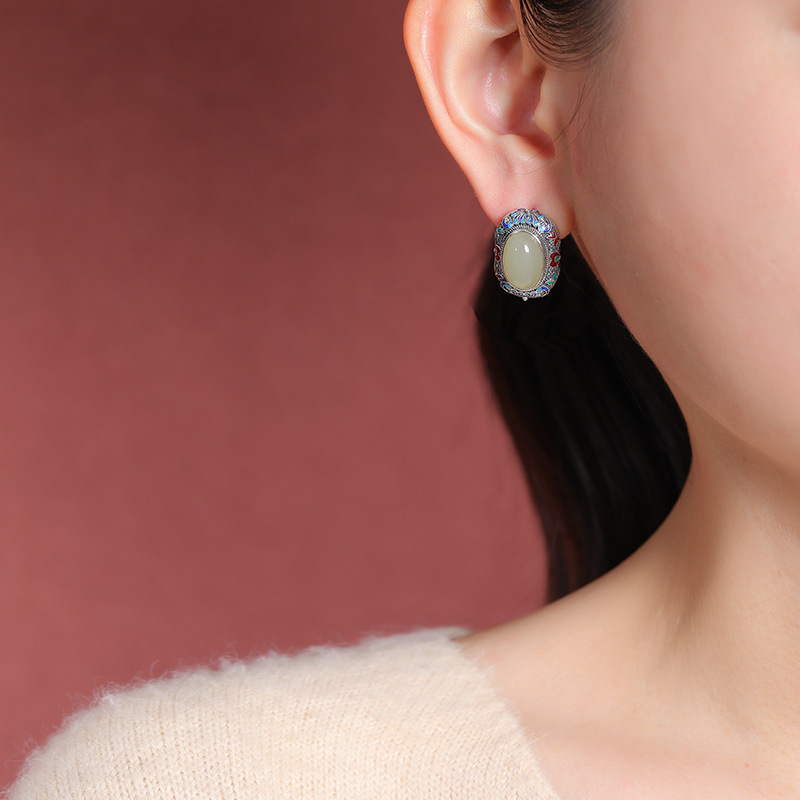 Khuyên tai bạc S925 đính đá ngọc tình thủy hình hoa sen phong cách vintage — Cặp đôi