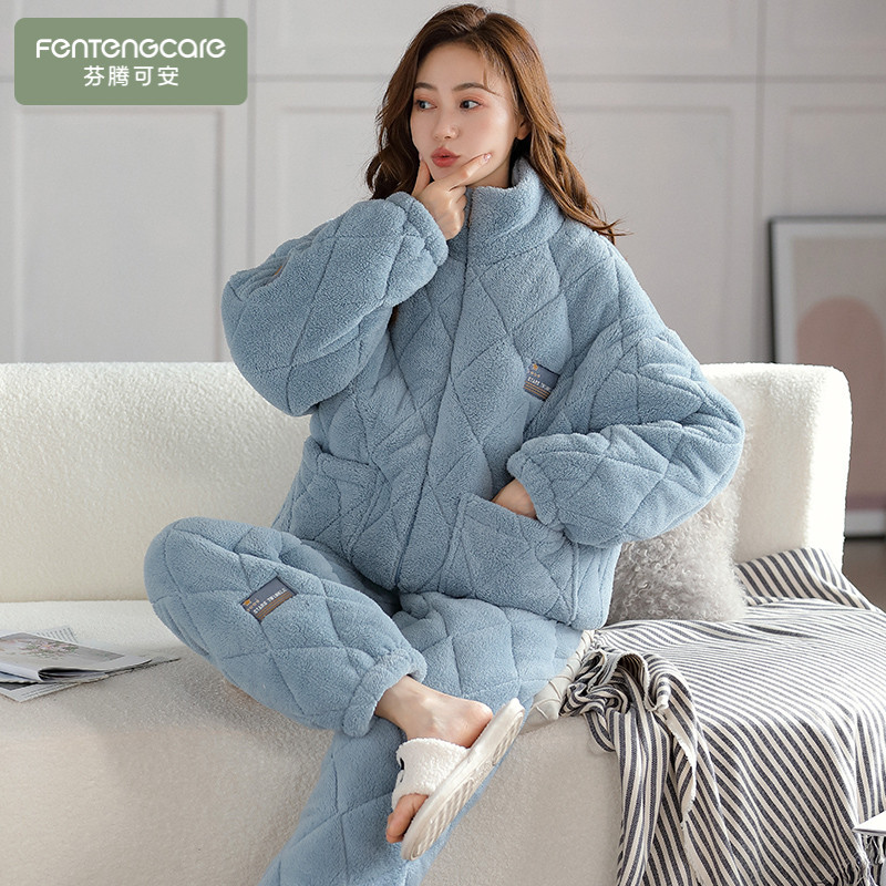 芬腾可安睡衣女秋冬季珊瑚绒三层加绒加厚夹棉袄大码可外穿家居服