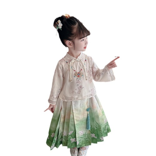 Girls' Spring and Autumn Style Long-Sleeve Ancient Tang Suit Set Original Flowers and Plants Trendy Chinese Style Festival Baby Ancient Costume Hanfu