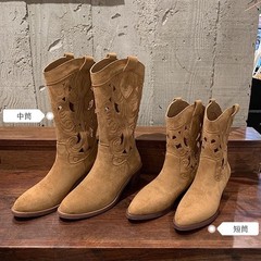 辣妹镂空西部牛仔靴2025新款刺绣粗跟中筒短靴复古透气尖头骑士靴