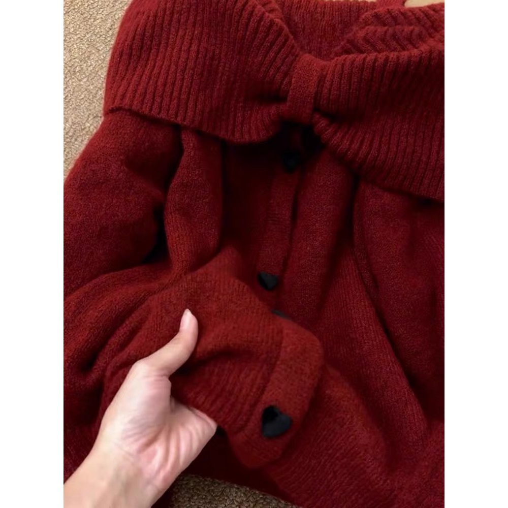 Precio real # hilo de núcleo # arco coreano un suéter de hombro para mujeres otoño y invierno de alta calidad camisa de punto abierta