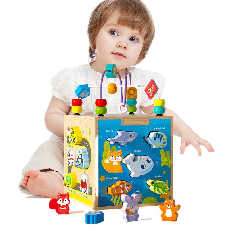 Caja de tesoro a juego de forma multifuncional de madera para niños Inteligencia de educación temprana escena rompecabezas Caja de Inteligencia de cuentas