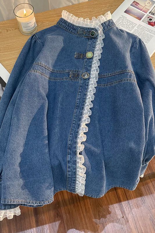Age-Reducing Elegant Design Lace Denim Shirt Women's Autumn and Winter Large Size Shirt Short Jacket Top Fat Girl mm