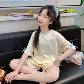 黁白儿童睡衣新款夏季短袖短裤套装棉莫代尔波点中大童洋气女童家