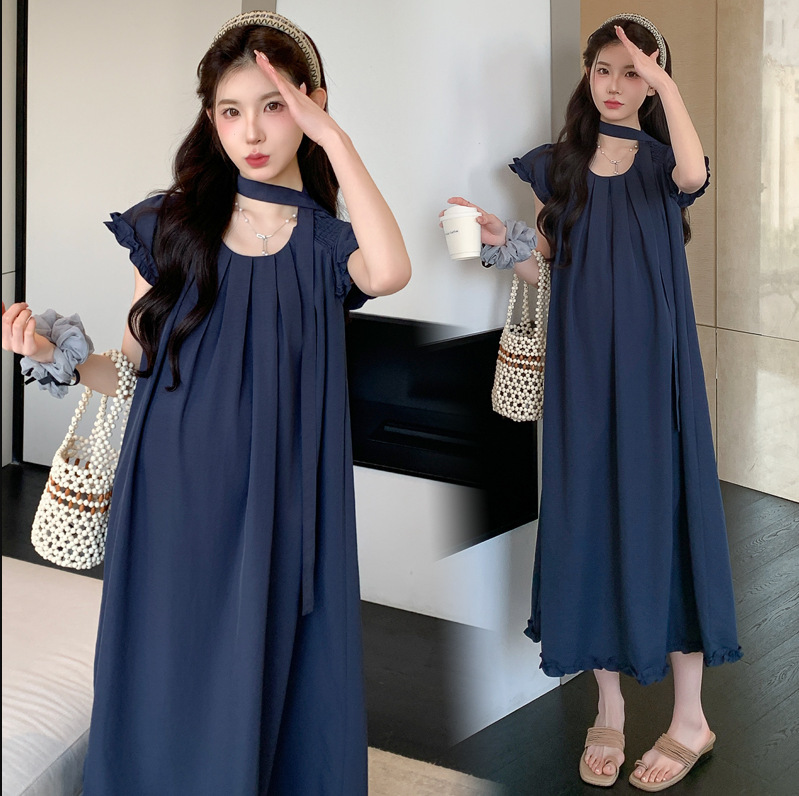 Maternity dress Summer Thin Simple Lace Small Flying Sleeve Elegant High-end Loose Mid-length Fairy Dress