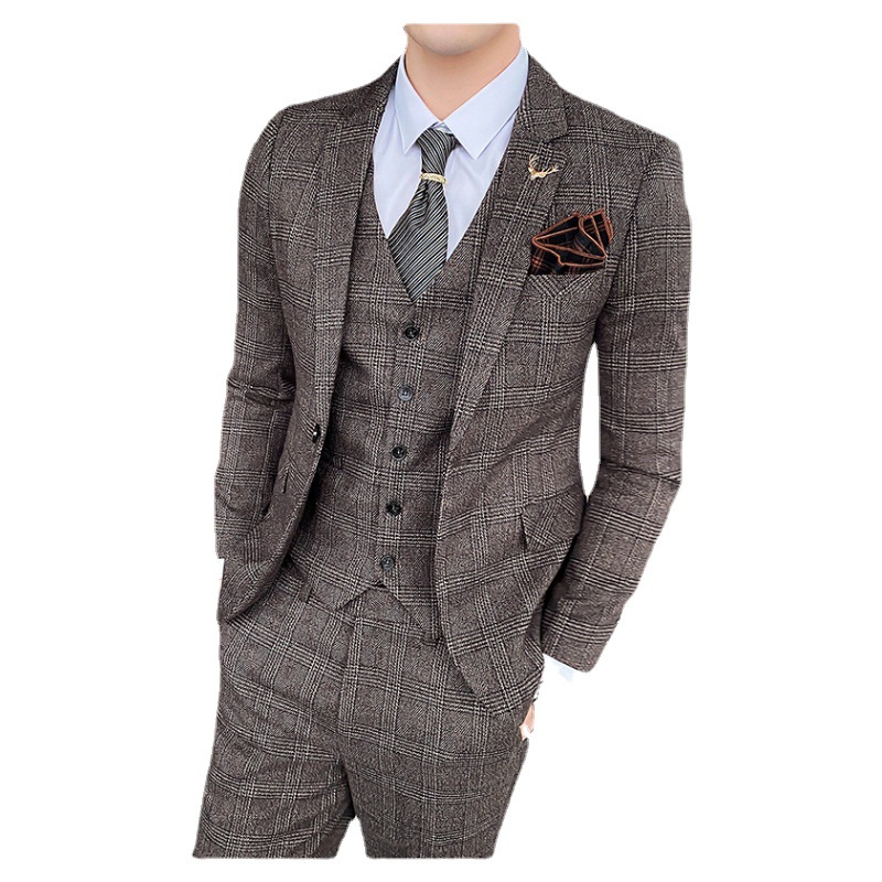 Traje de los hombres al por mayor de tres piezas Traje a cuadros casual de negocios estilo coreano slim fit one button traje casual Retro