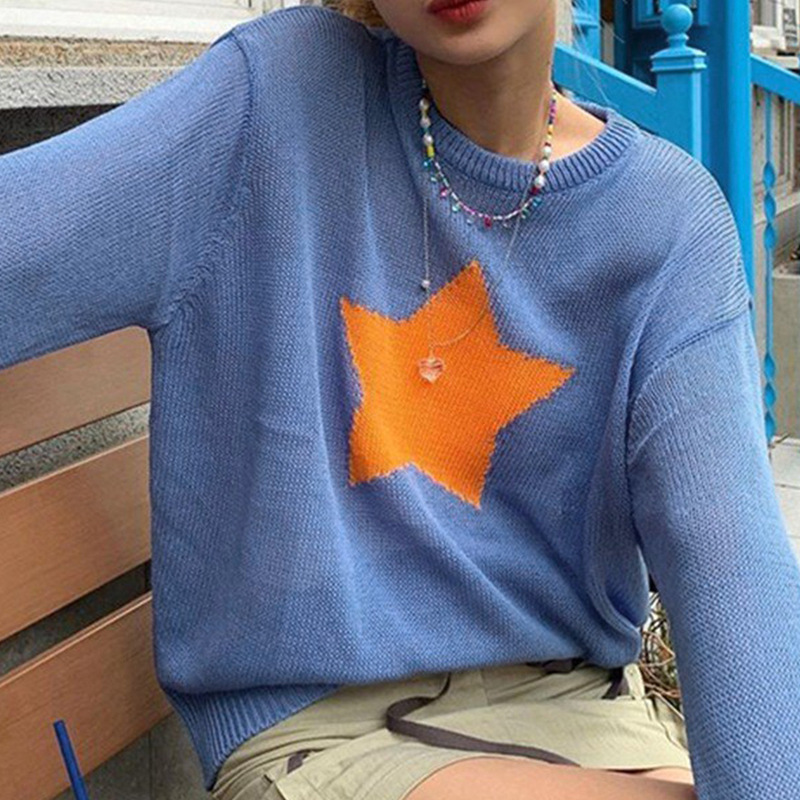 Spring Autumn Women Casual Fashion Knitted Round Neck Long Sleeve Five-Pointed Star Pattern Translucent Knitted Pullover Tops