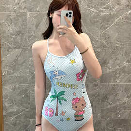 新款卡通HelloKitty连体三角保守低叉学生竞速游泳衣女游泳馆专用