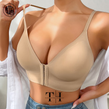 跨境前开扣光面大码内衣女无钢圈聚拢收副乳防下垂无痕大码文胸罩