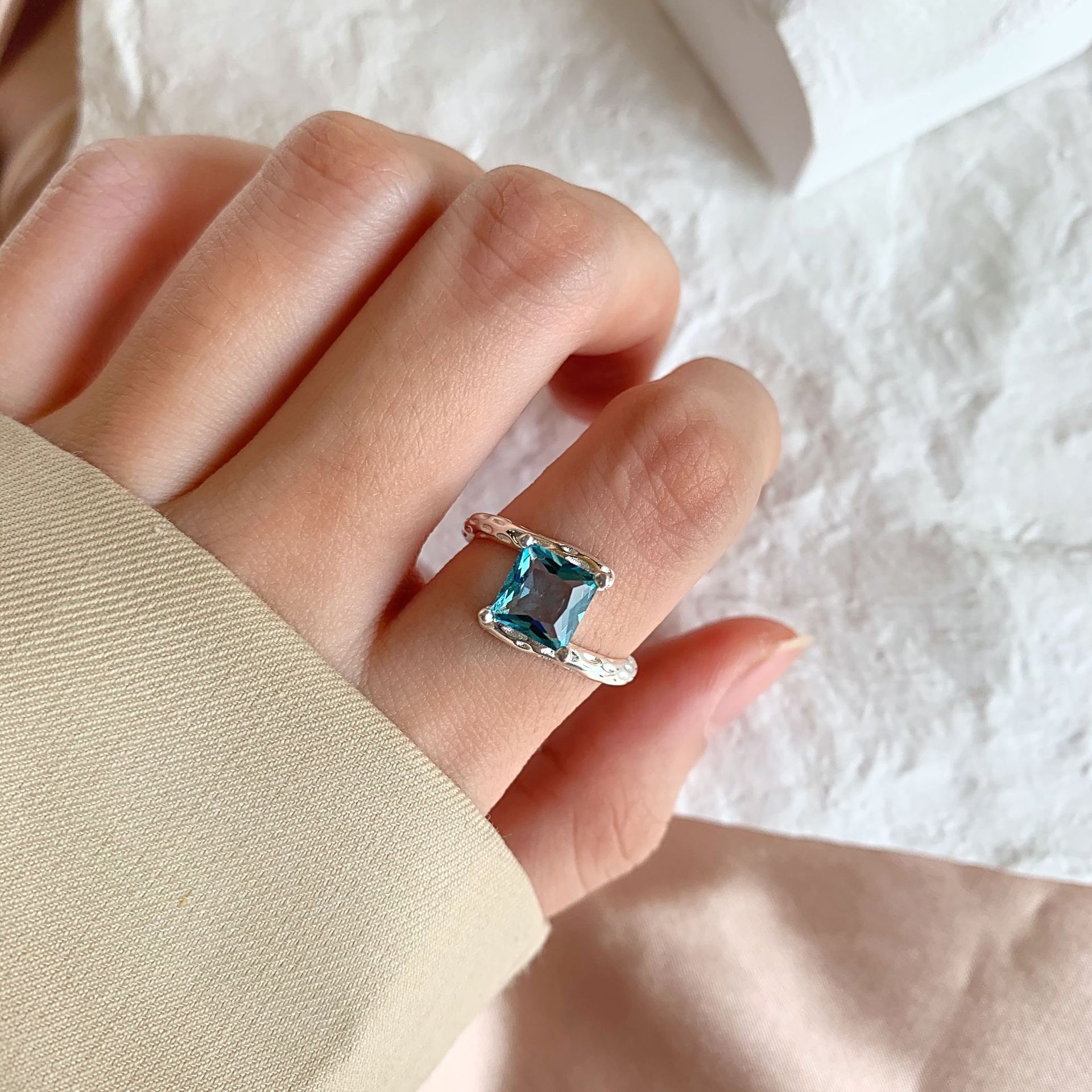 Luxurious Square Sterling Silver Plating Zircon Open Ring