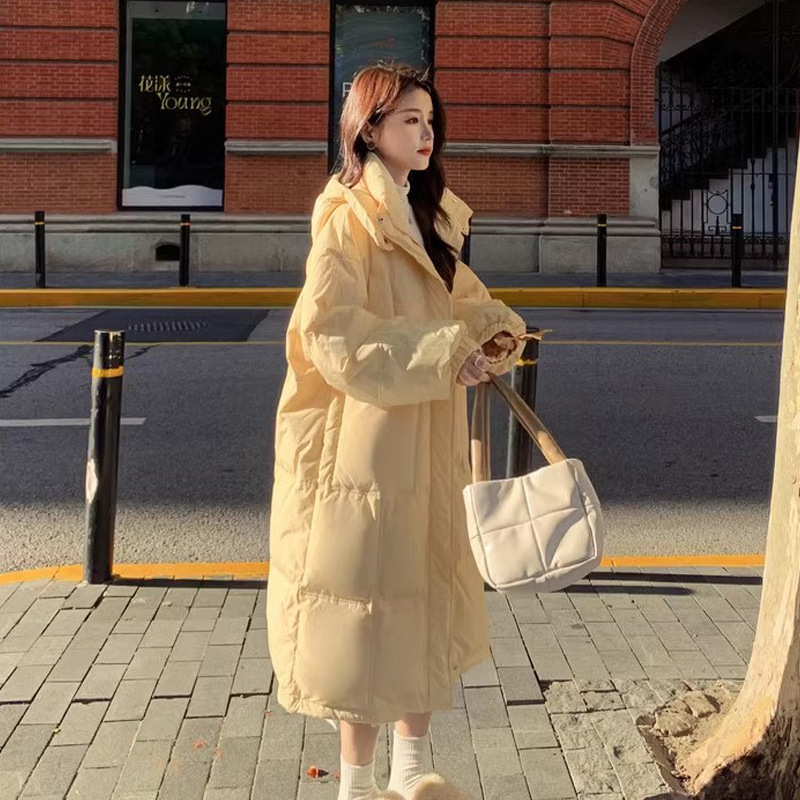 Light Yellow Down Cotton-padded Coat Women's Mid-length 2023 Winter New Hooded Thickened Over-the-knee Cotton-padded Coat for Small Men