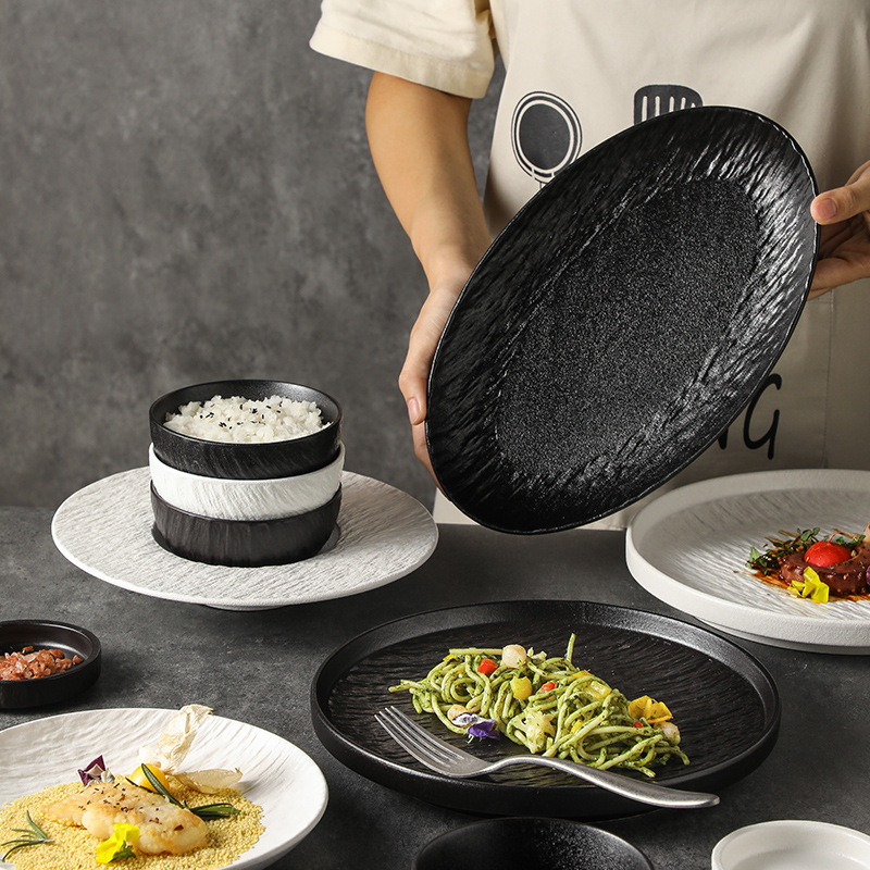 Platos y vajilla de porcelana blanca y negra con diseño de piedra, juego para el hogar, cuencos y platos de alta gama, combinación de porcelana, cerámica simple celadón