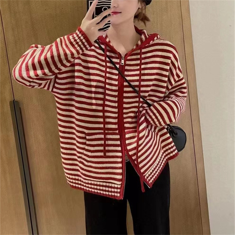 Striped cardigan sweater for women, 2022 autumn new style, loose zipper, outerwear, laid-back style knitted top jacket for women pic 17