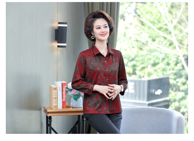 印花女士衬衫长袖妈妈装开衫