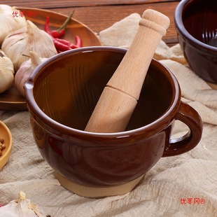 Traditional Ceramic Mortar and Pestle for Grinding Chili, Garlic, and Preserved Eggs, Commercial Solid Wood Pestle