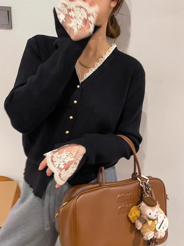 French-Style Spliced Lace Knit Sweater Black Faux Two-Piece Cardigan for Women, Autumn and Winter Loose Jacket Top for Early Autumn