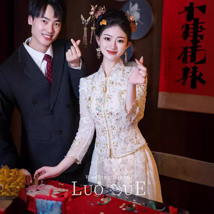 Champagne-Colored High-End Bridal Gown 2025 New Chinese-Style Wedding Dress Slim-Fit Qipao for Toasting