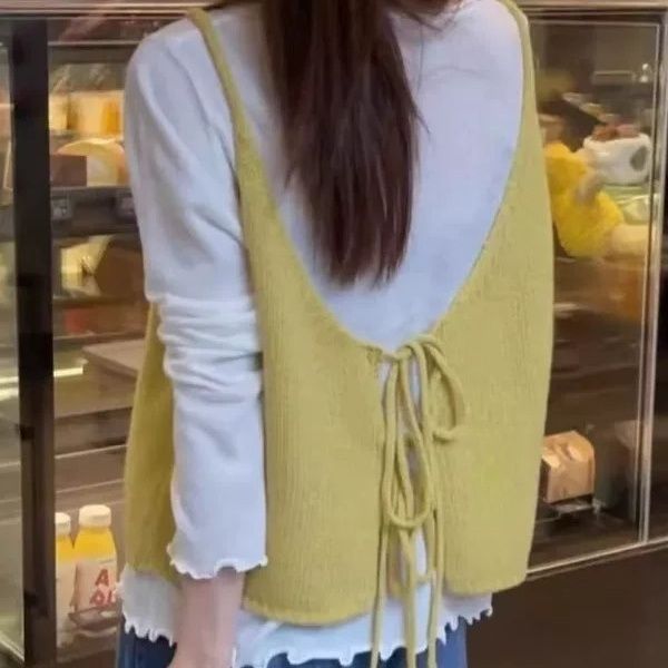 韩版温柔风长袖打底衫T恤+后背绑带针织衫马甲叠穿上衣两件套女秋|undefined