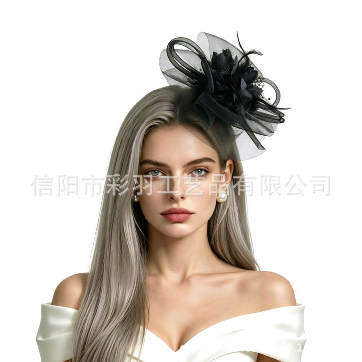 Cross-border European and American bridal headwear, feather and flower headpiece, horse racing festival mesh hat, Amazon feather hairpin headpiece