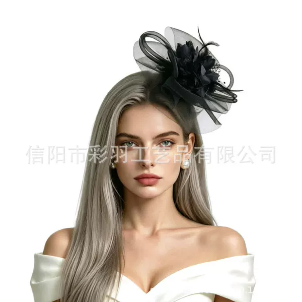 Cross-border European and American bridal headwear, feather and flower headpiece, horse racing festival mesh hat, Amazon feather hairpin headpiece
