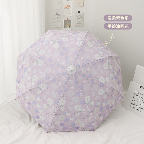 Purple oil painting floral sun umbrella fully automatic umbrella vinyl sun protection anti-UV rain or shine folding umbrella available for wholesale