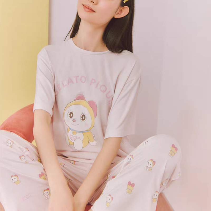 软绵绵冰淇淋柔软可爱机器猫卡通圆领短袖长裤睡衣套装家居服|undefined
