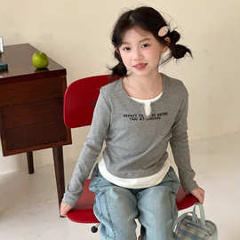 女童秋装辣妹子长袖T恤2025新款中大童韩版假两件拼接时髦上衣潮