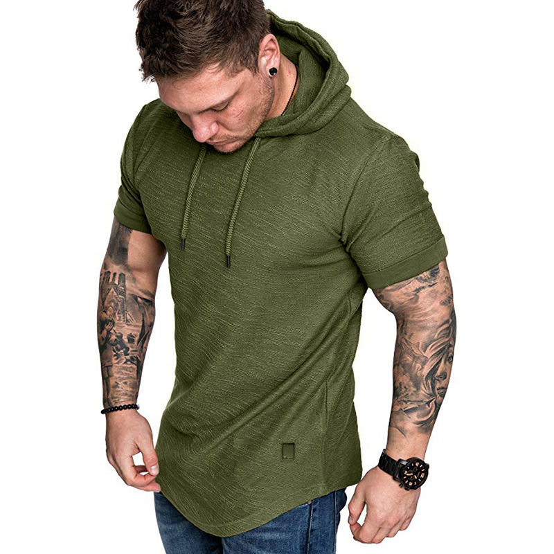 Cross-Border 2025 New Short-Sleeved T-Shirt Men's Fitness Sports Sweatshirt Men's Export European Size Men's Hooded T-Shirt Top