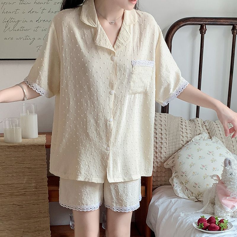 Pijamas mujeres verano nuevo estilo encaje peinado jacquard algodón casual de manga corta pantalones cortos solapa cárdigan traje de servicio a domicilio