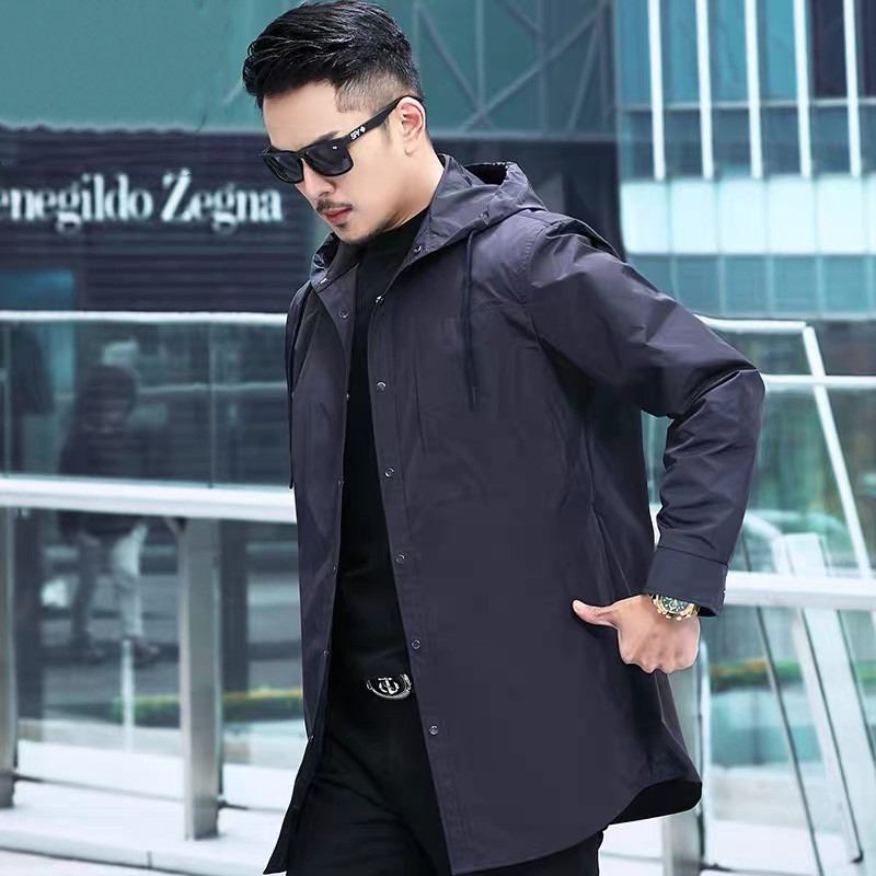 클래식 남성 도시 캐주얼 스타일 윈드브레이커 중간 길이 슬림핏 후드 블랙 트렌디 심플 봄 재킷 남성용