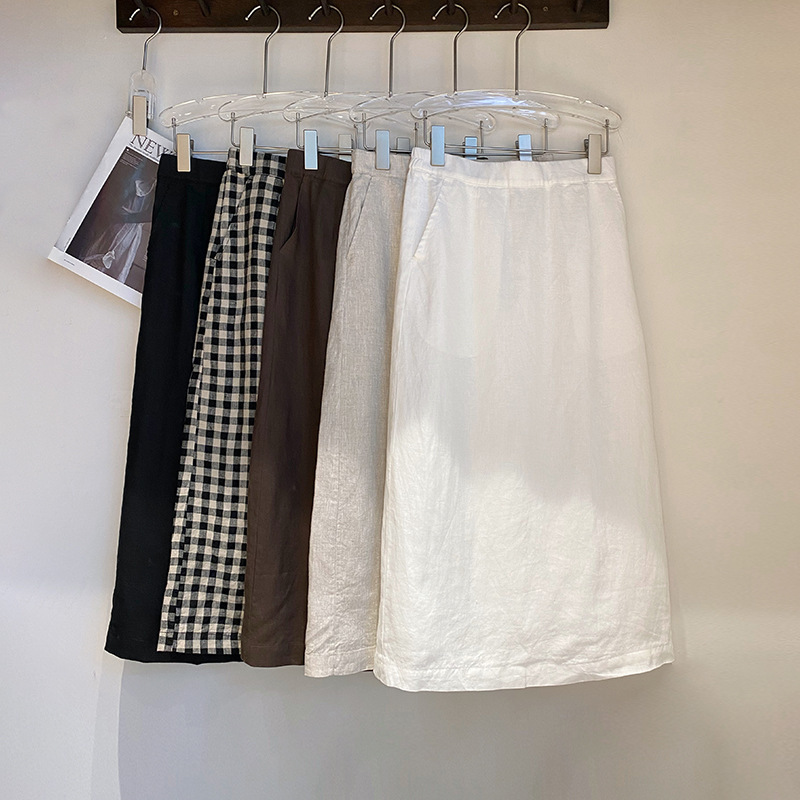 Plus Sutin 100% Linen High-Waisted Back-Slit Skirt for Women, New Summer Product, Slimming and Versatile Mid-Length Linen Skirt Plus Sutin 100% Linen High-Waisted Back-Slit Skirt for Women, New Summer Product, Slimming and Versatile Mid-Length Linen Skirt