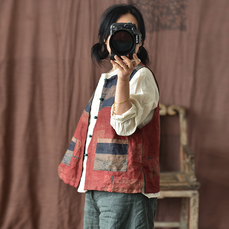 Swallow/homemade imitation fragrant cloud yarn printing craft linen patchwork vest vintage buckle linen vest sleeveless coat Swallow/homemade imitation fragrant cloud yarn printing craft linen patchwork vest vintage buckle linen vest sleeveless coat