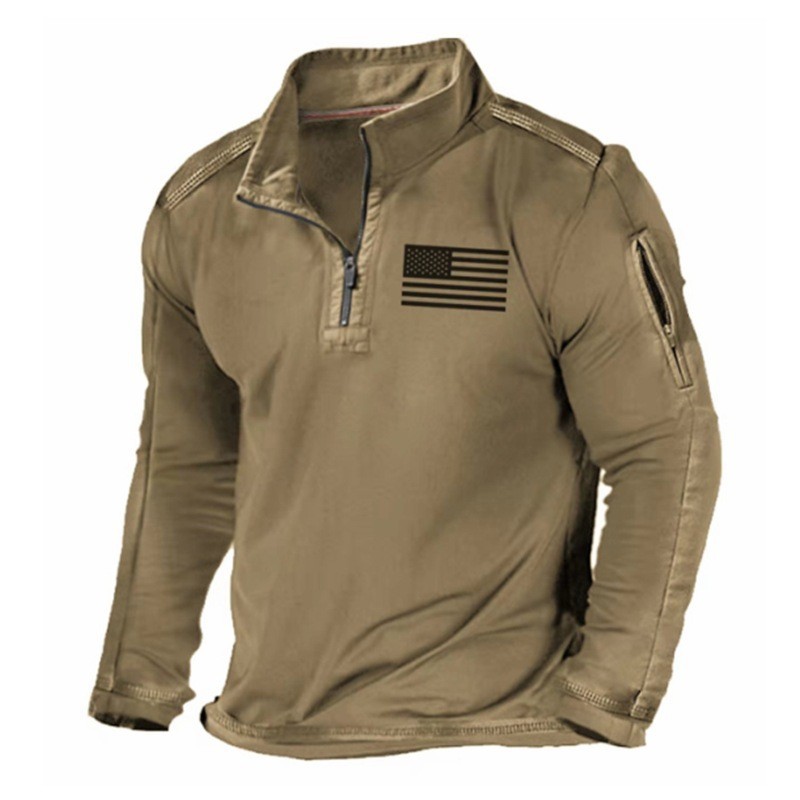 Primavera y otoño Comercio exterior más tamaño de los hombres al aire libre bolsillo con cremallera media cremallera cuello táctico de manga larga Camiseta suéter casual