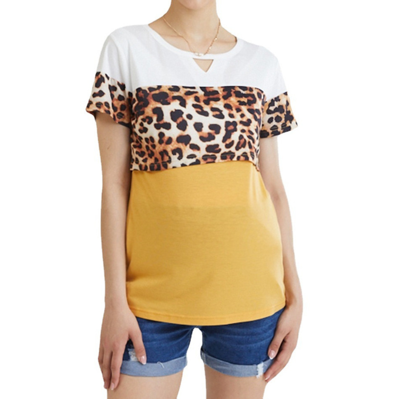 Foreign Trade European and American Women's Top Leopard Print Stitching Contrast Color Pregnant Women's Shirt Casual Nursing Clothes Short Sleeve Round Neck Breastfeeding T-shirt