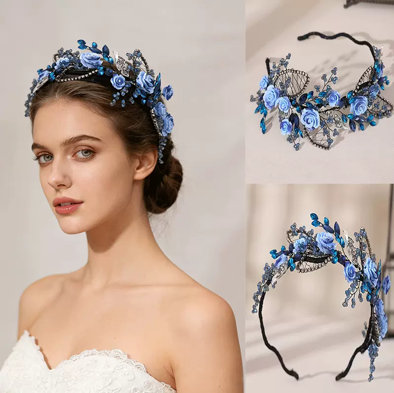 跨境复古蓝色陶瓷花朵新娘发箍头饰手工水钻发带婚礼宴会礼服配饰