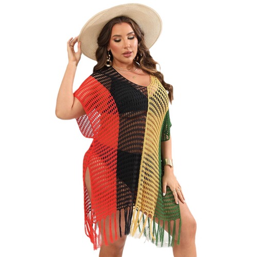 Ladies' Beach Resort Cover-Up: Plus-Size European & American-Style Women's Colorblock Patchwork Hollowed-Out Woven Top with a Sexy Dress Design