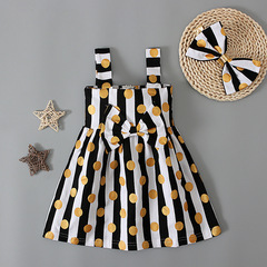 外貿歐美夏季女孩童金色圓點條紋裙後背拉鏈背心裙+髮帶童裝ins