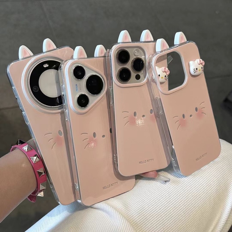 粉Kitty表情耳朵适用苹果16ProMax大孔手机壳vivo华为oppo小米15|undefined